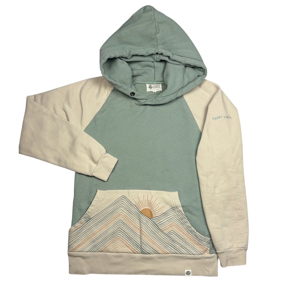Happy Earth Organic Cotton‎ Mountain Graphic Hoodie Sage Green Cream Small